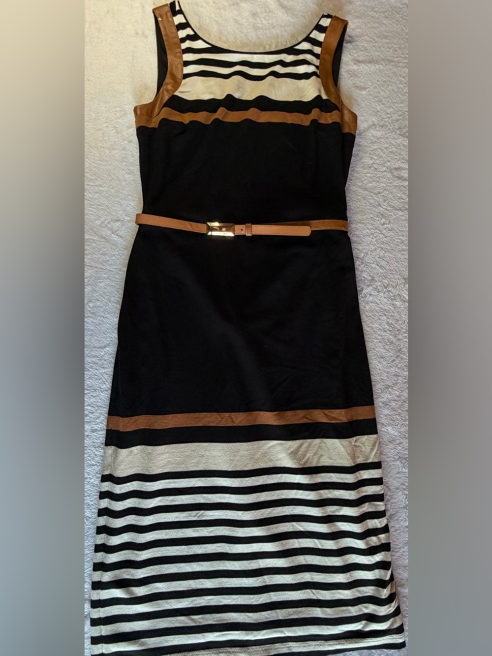 White House Black Market Dress Size 2 Black Cream Tan Belted Sheath Dress